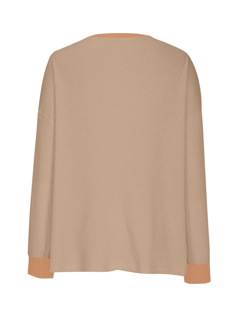 Beige sweater with brown cuffs and hem on a white background
