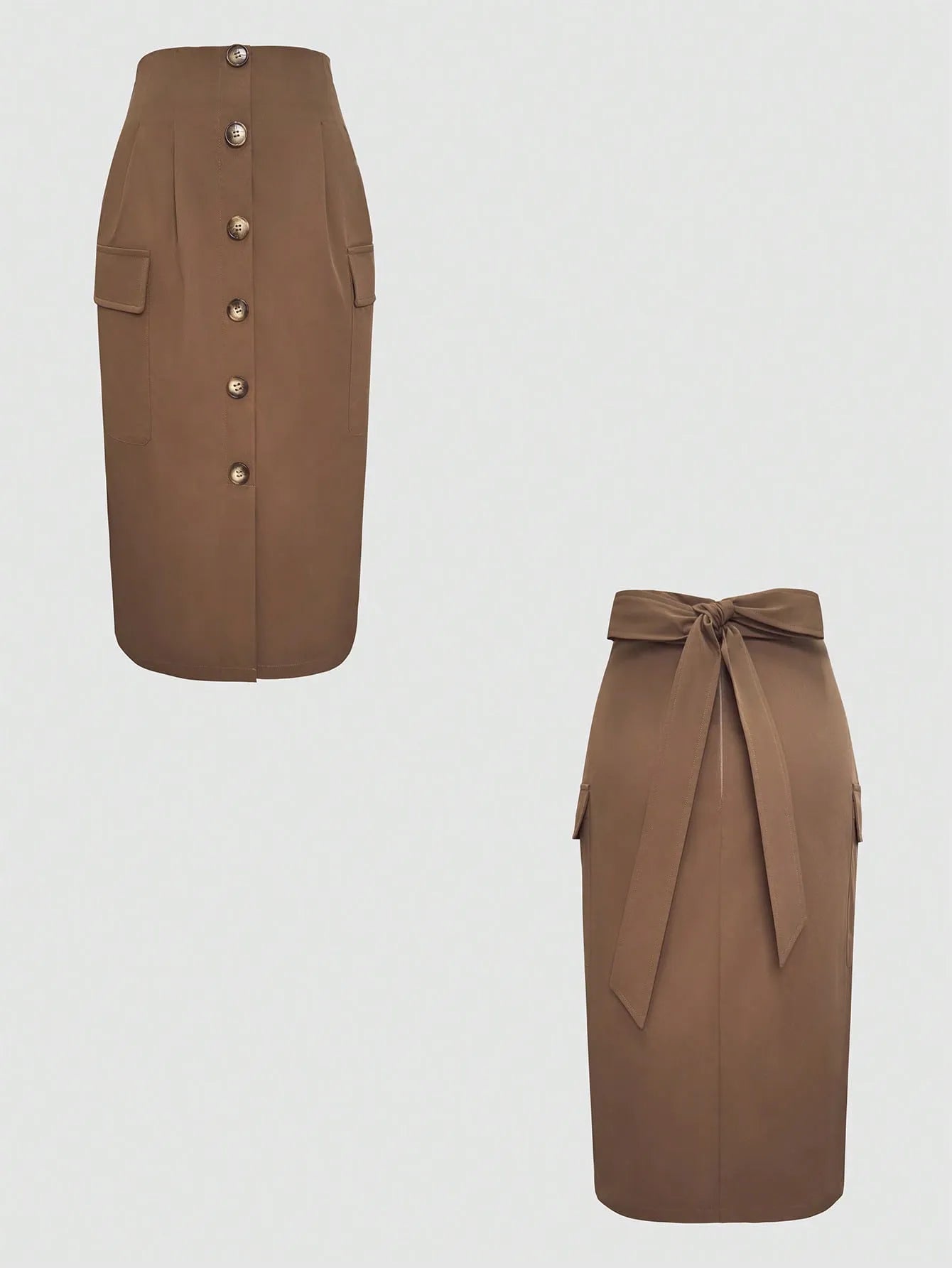 Brown pencil skirt with button details on a light gray background