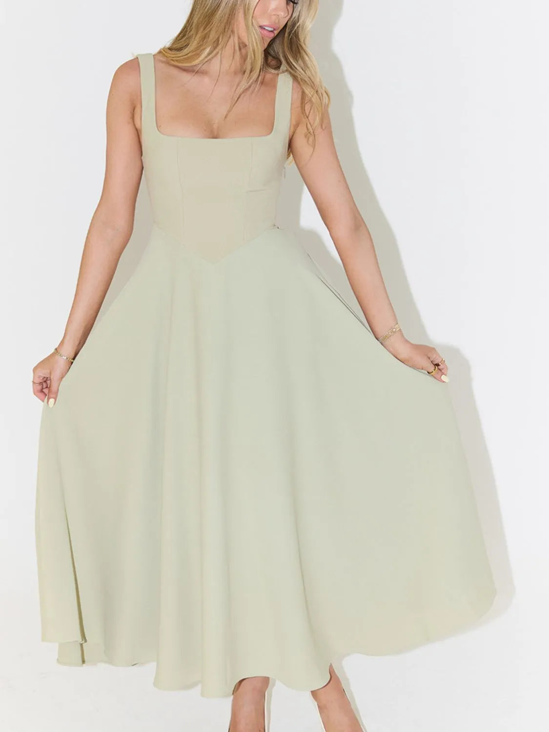 Model showing beige Max-Origin dress