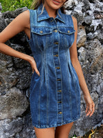 Close up view of Pocketed Button Up Sleeveless Denim Dress