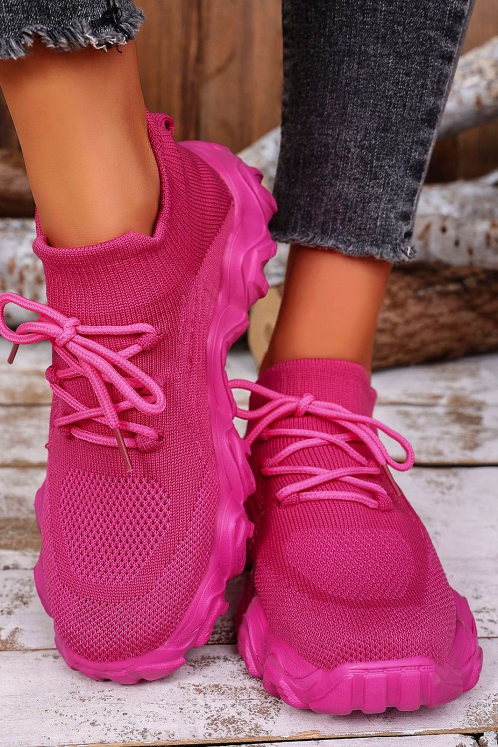 Pink Mesh Lace-Up Round Toe Athletic