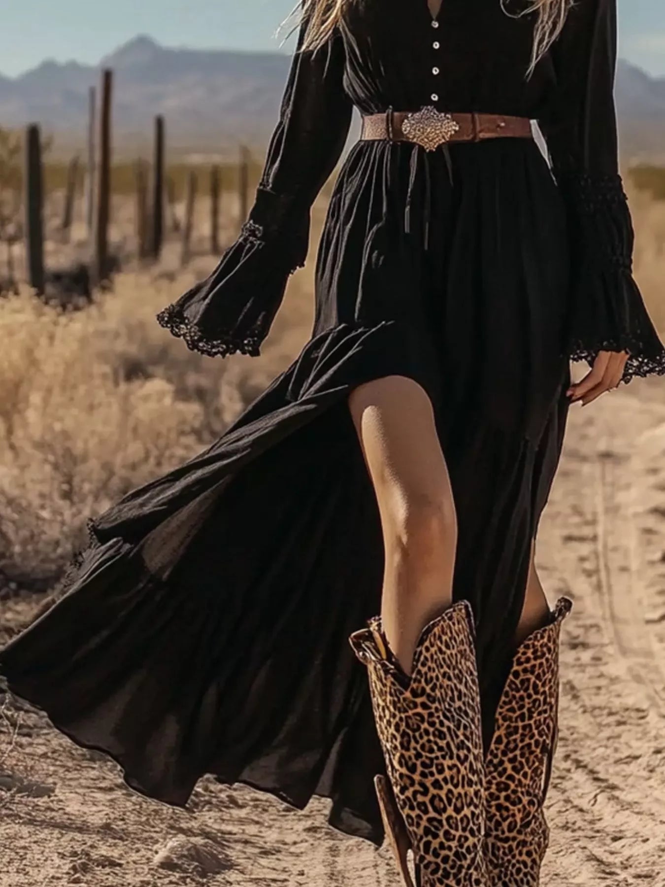 Person wearing a black dress with a belt and leopard print boots in a desert setting