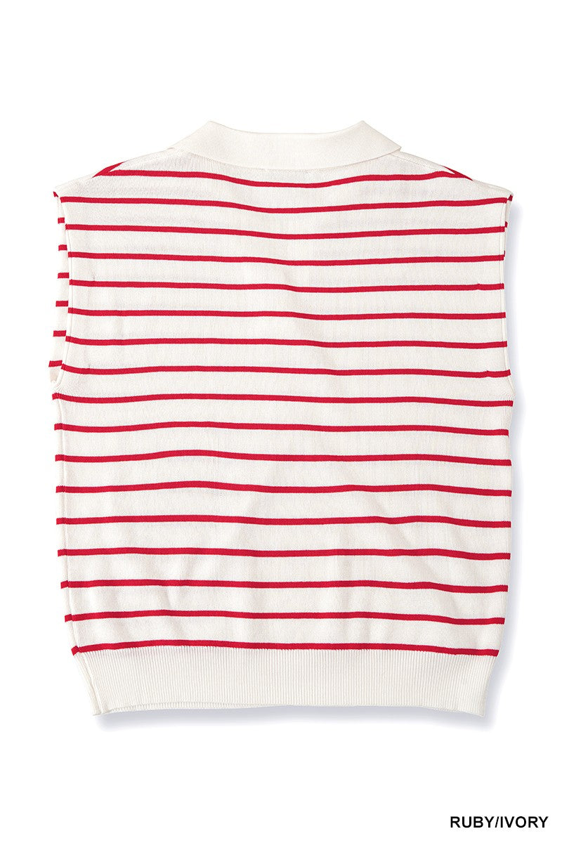 Red and white striped sleeveless sweater on a white background