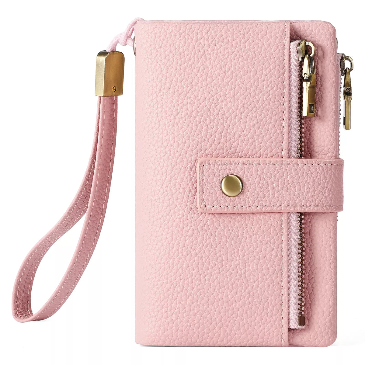 Pink wallet with a strap on a white background