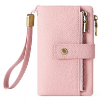Pink wallet with a strap on a white background