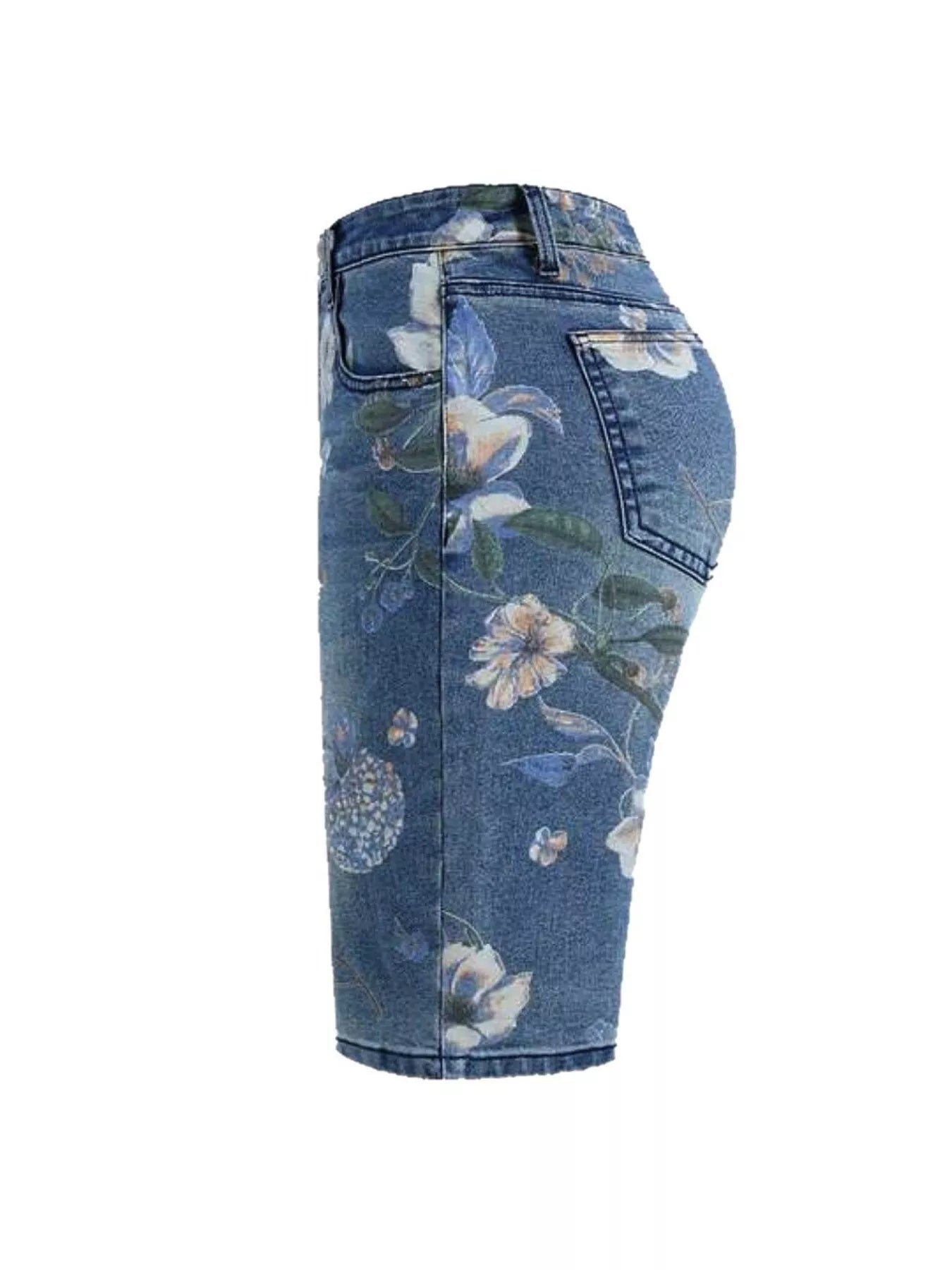 Blue denim shorts with floral patterns on a white background