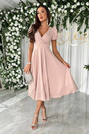 Pink Surplice Puff Sleeve Midi Dress