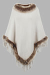 Faux Fur Trim Fringed Poncho For Women