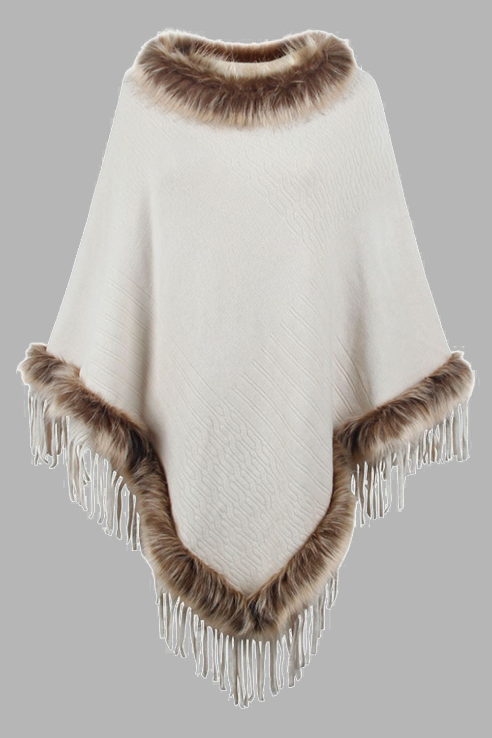 White poncho with brown fur trim on a gray background
