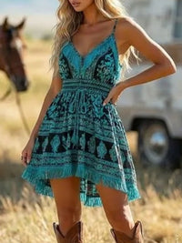 Woman wearing a blue patterned dress with cowboy boots in a field with a horse in the background