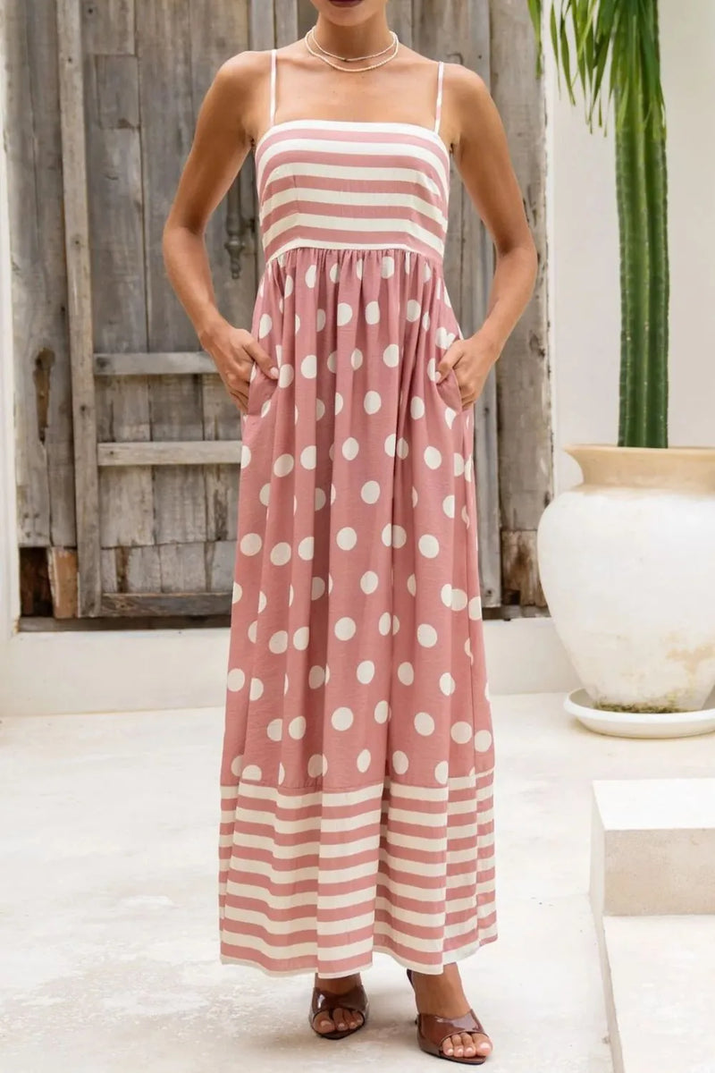 Model showing both pockets on Polka Dot Square Neck Cami Dress