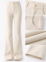 Cream-colored high-waisted flare pants shown on a white background, with four detail inset images on the right showing the button waist, front pocket, fabric texture, and hem.