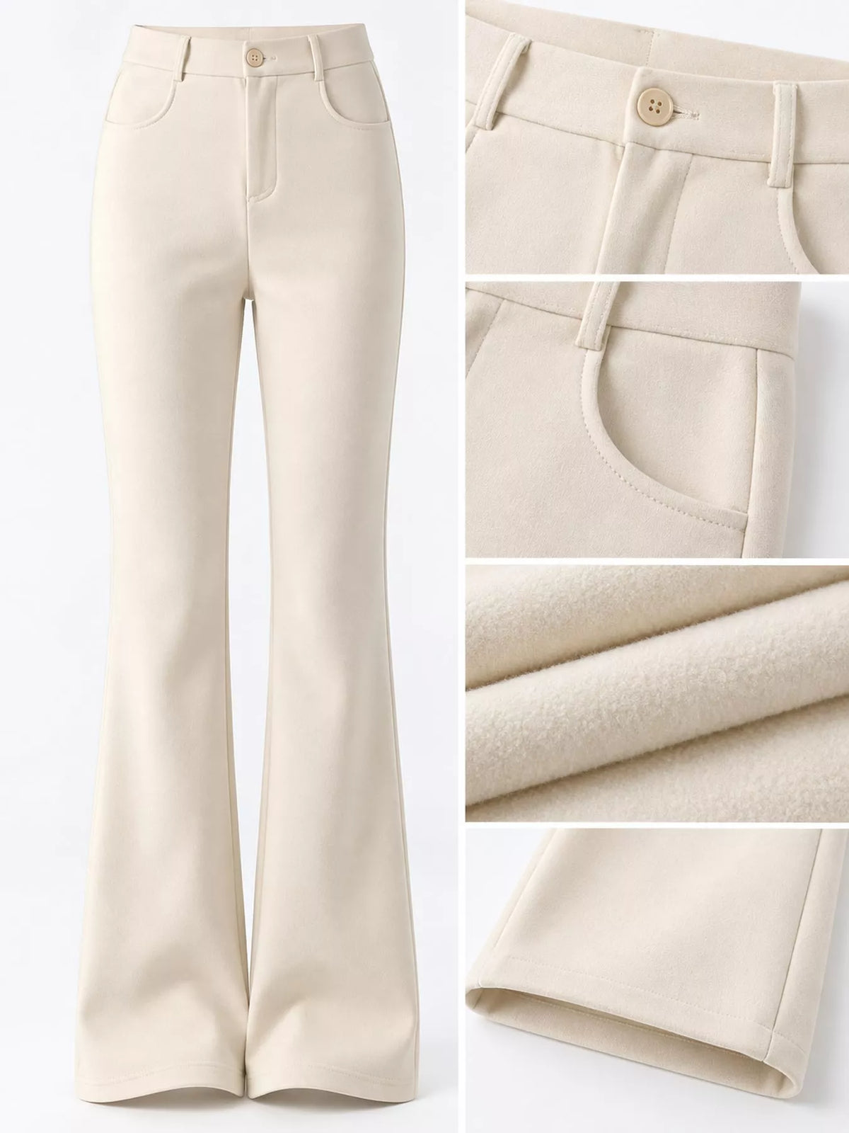 Cream-colored high-waisted flare pants shown on a white background, with four detail inset images on the right showing the button waist, front pocket, fabric texture, and hem.