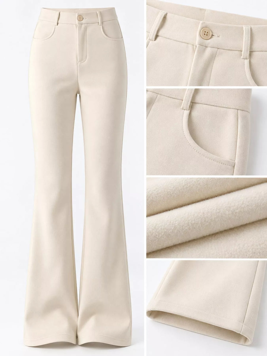 Cream-colored high-waisted flare pants shown on a white background, with four detail inset images on the right showing the button waist, front pocket, fabric texture, and hem.
