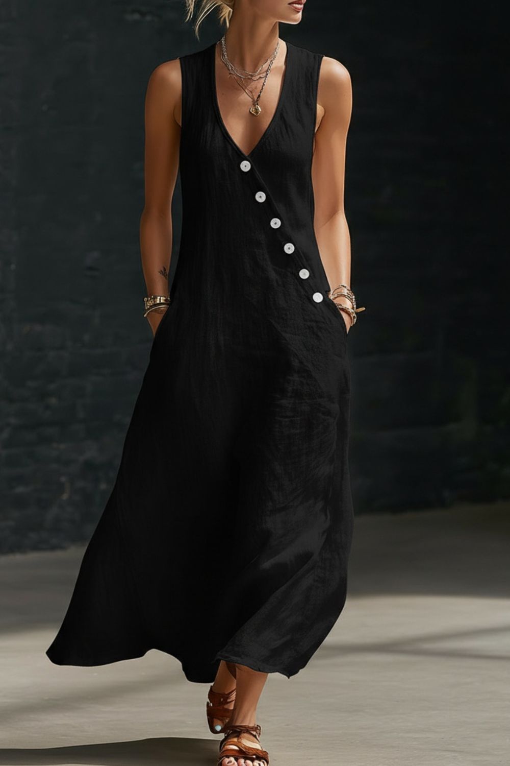 Woman wearing a black sleeveless dress with buttons against a dark background