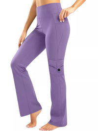 Purple pants worn by a person on a white background