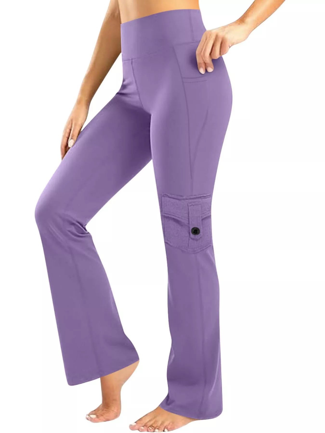 Purple pants worn by a person on a white background