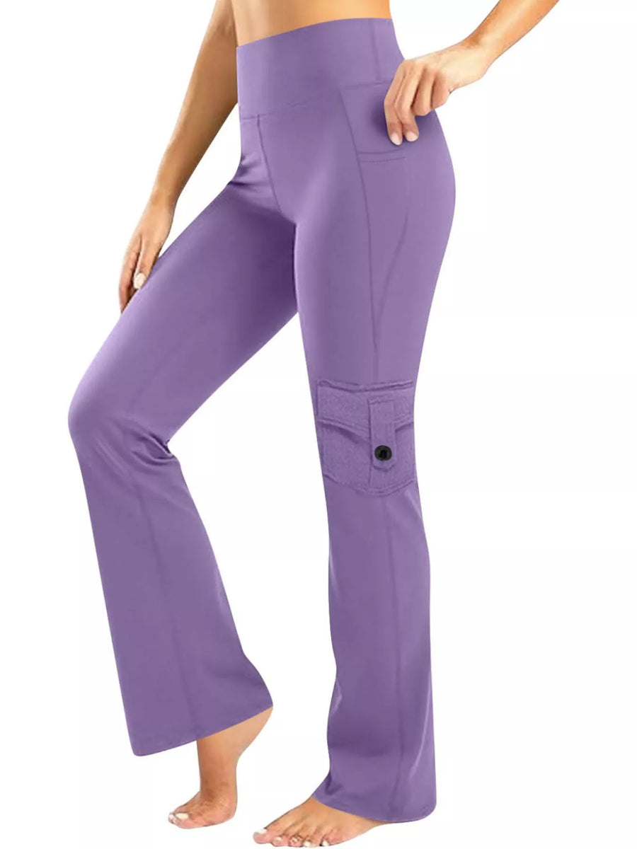 Purple pants worn by a person on a white background