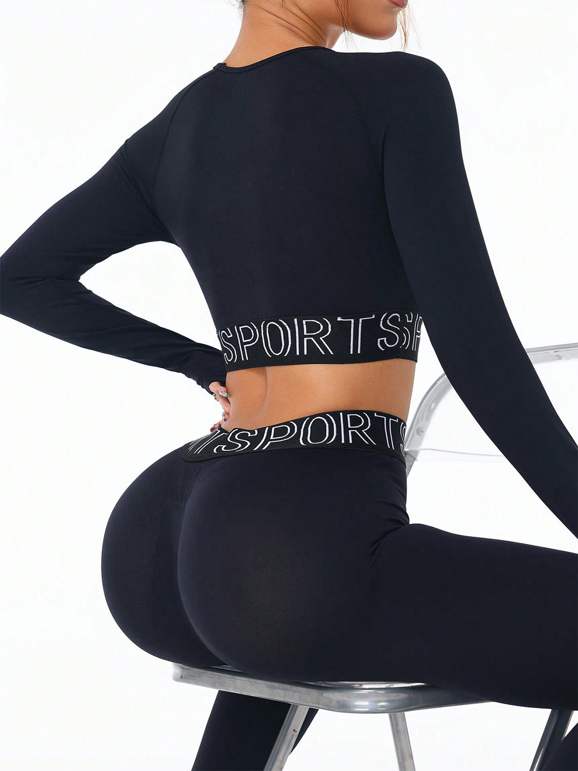 Back view of Letter Print Round Neck Long Sleeve Top and Leggings Active Set