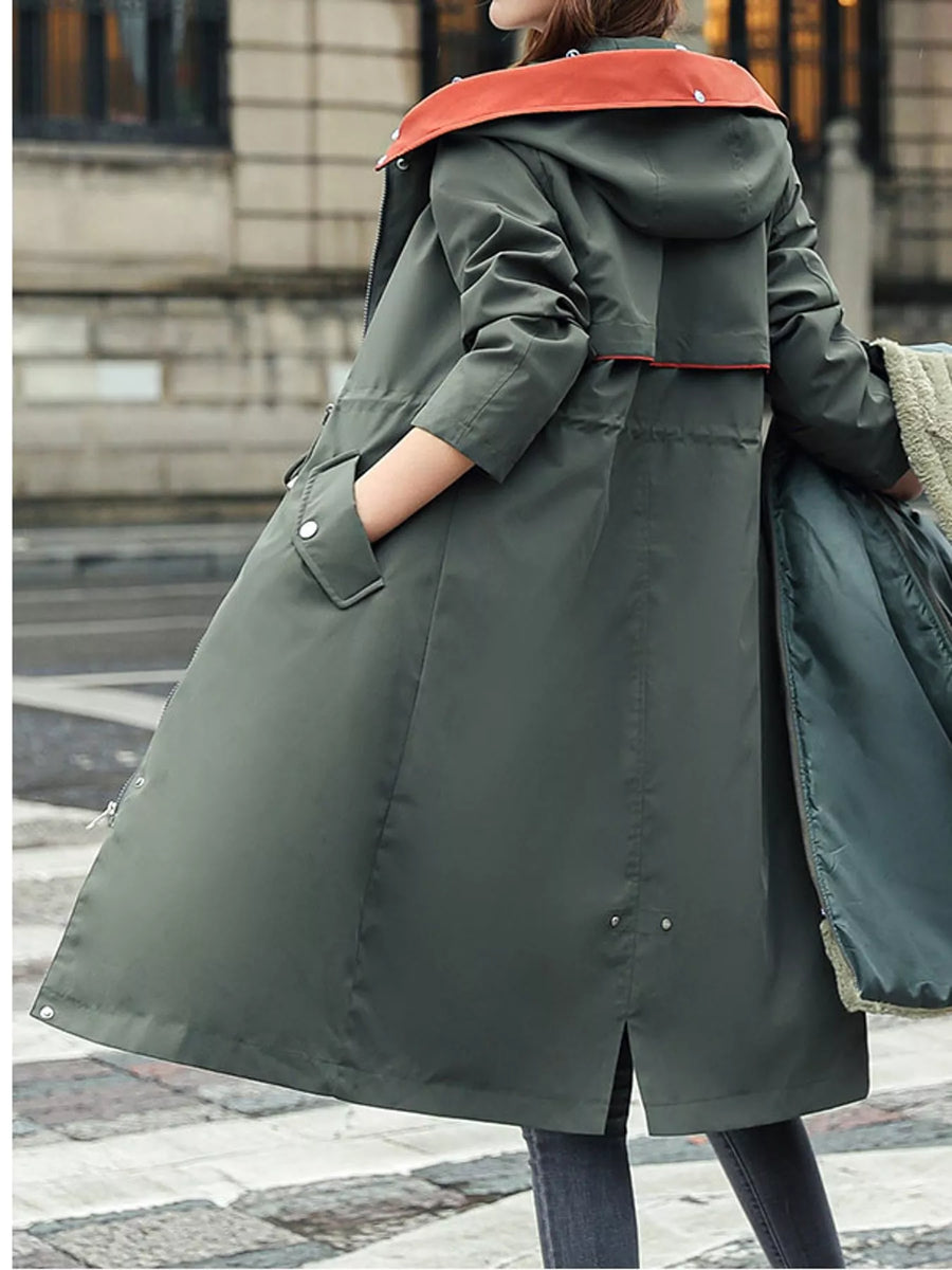 Back view of green Women's Detachable Longline Hooded Parka with Faux Fur Trim and Drawstring Waist 
