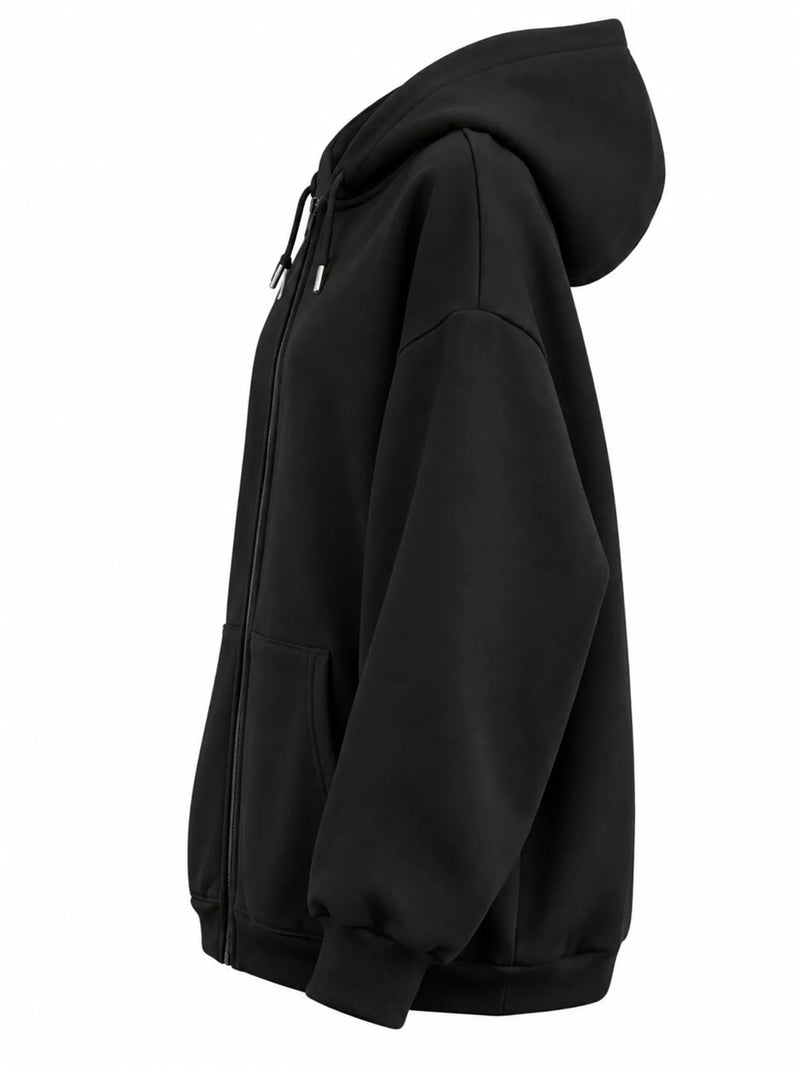 A black zip-up hoodie shown from a side profile view against a plain white background.