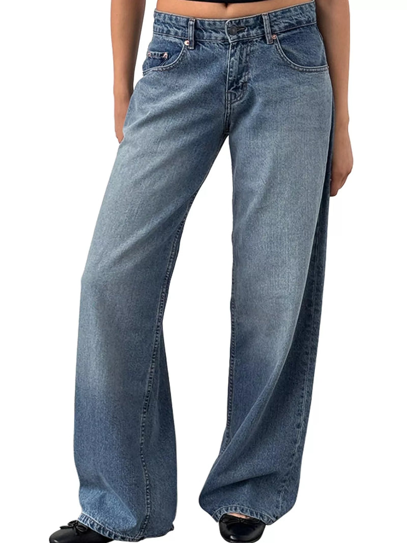 A person wearing wide-leg blue denim jeans with a faded wash, shown from the waist down against a plain white background.