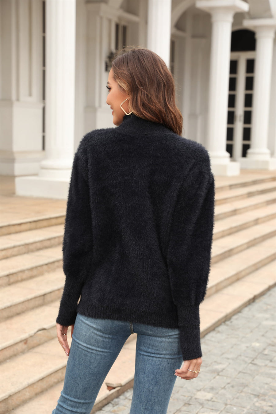 View of black Angel Wings Turtle Neck Long Sleeve Pullover Sweater
