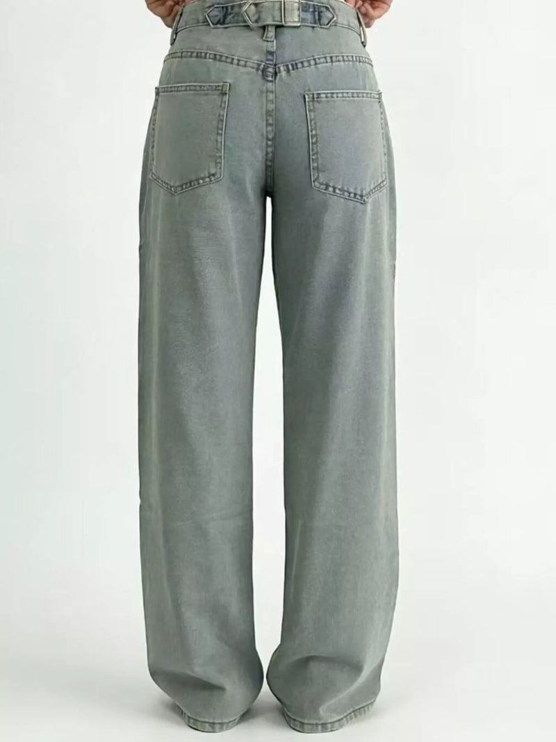 Gray wide-leg jeans on a white background