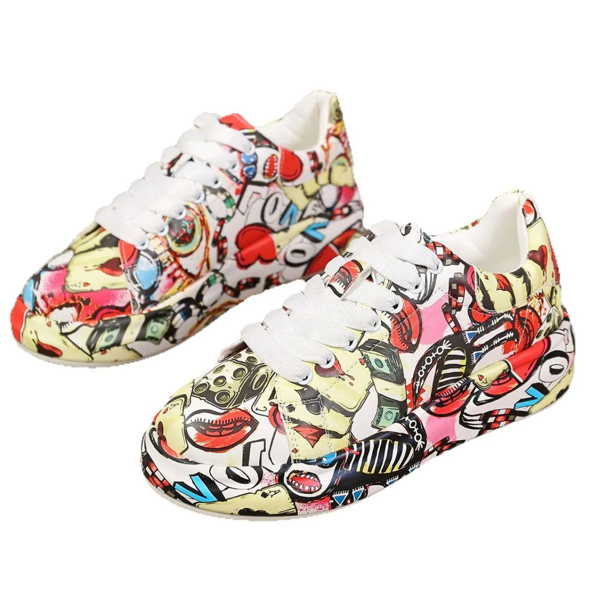 Colorful sneakers with a graphic design on a white background