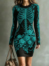 Skeleton Floral Long Sleeve Bodycon Dress For Women