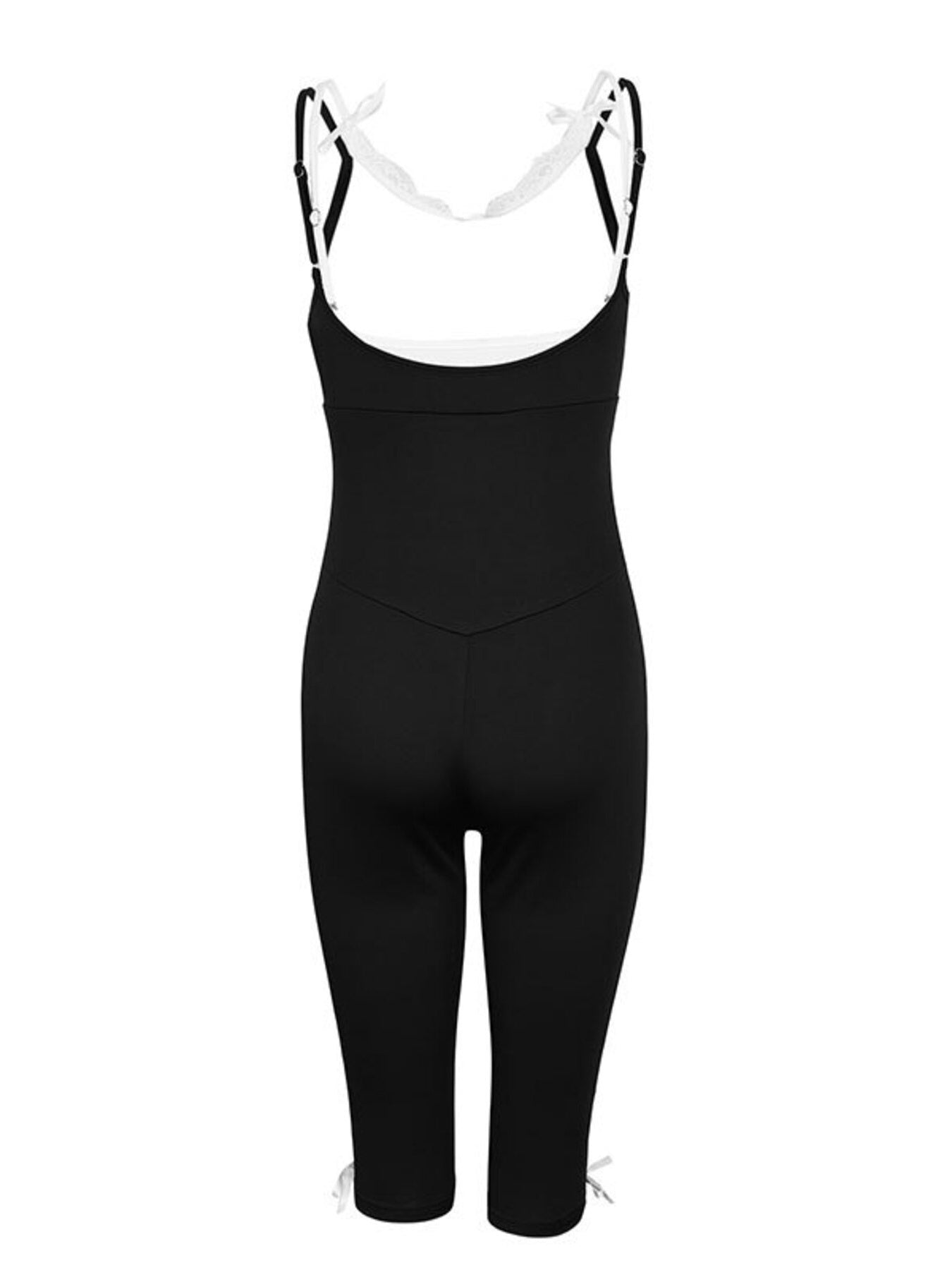 Black bodysuit with white straps on a white background