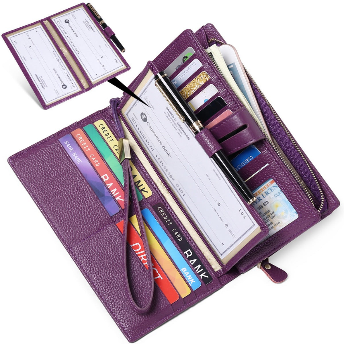 Purple wallet with checkbook and credit card holder on a white background