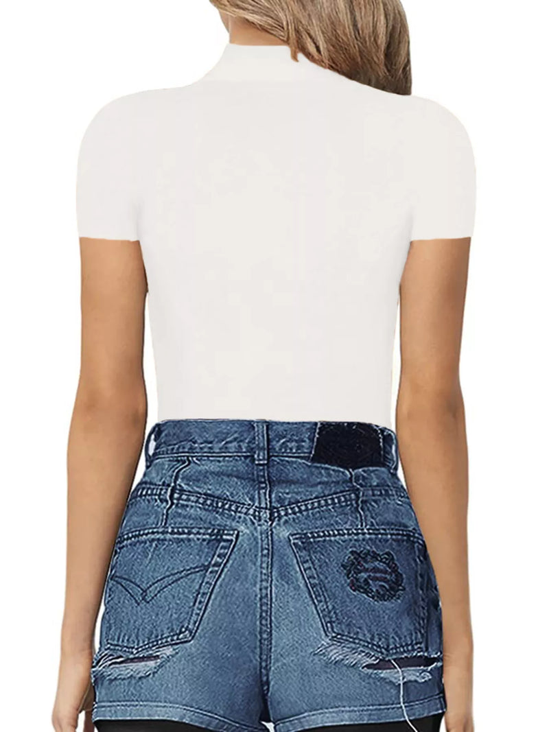 Person wearing a white t-shirt and blue denim shorts on a white background