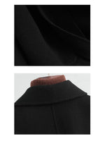Two-panel close-up of a black coat or jacket, showing a detailed view of the collar and a ribbed brown inner neck lining.