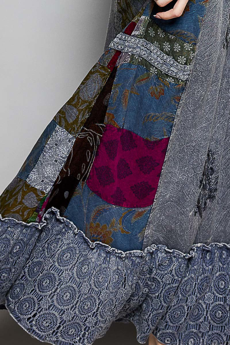 Close-up of a patchwork garment with various patterns and colors.