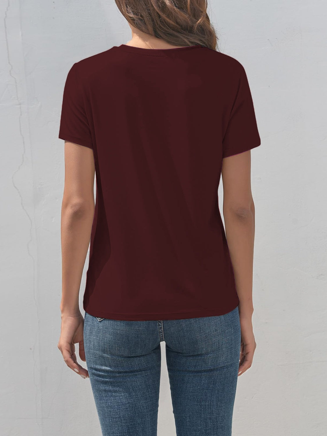 Back view of burgundy Horse Round Neck Short Sleeve T-Shirt