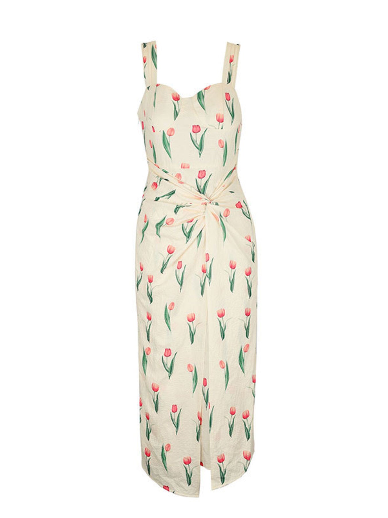Floral dress with pink tulips on a white background