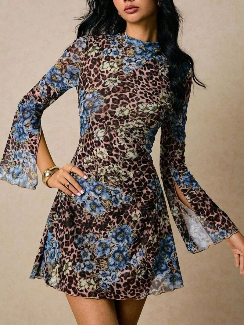 Dress with floral and leopard print pattern on a beige background