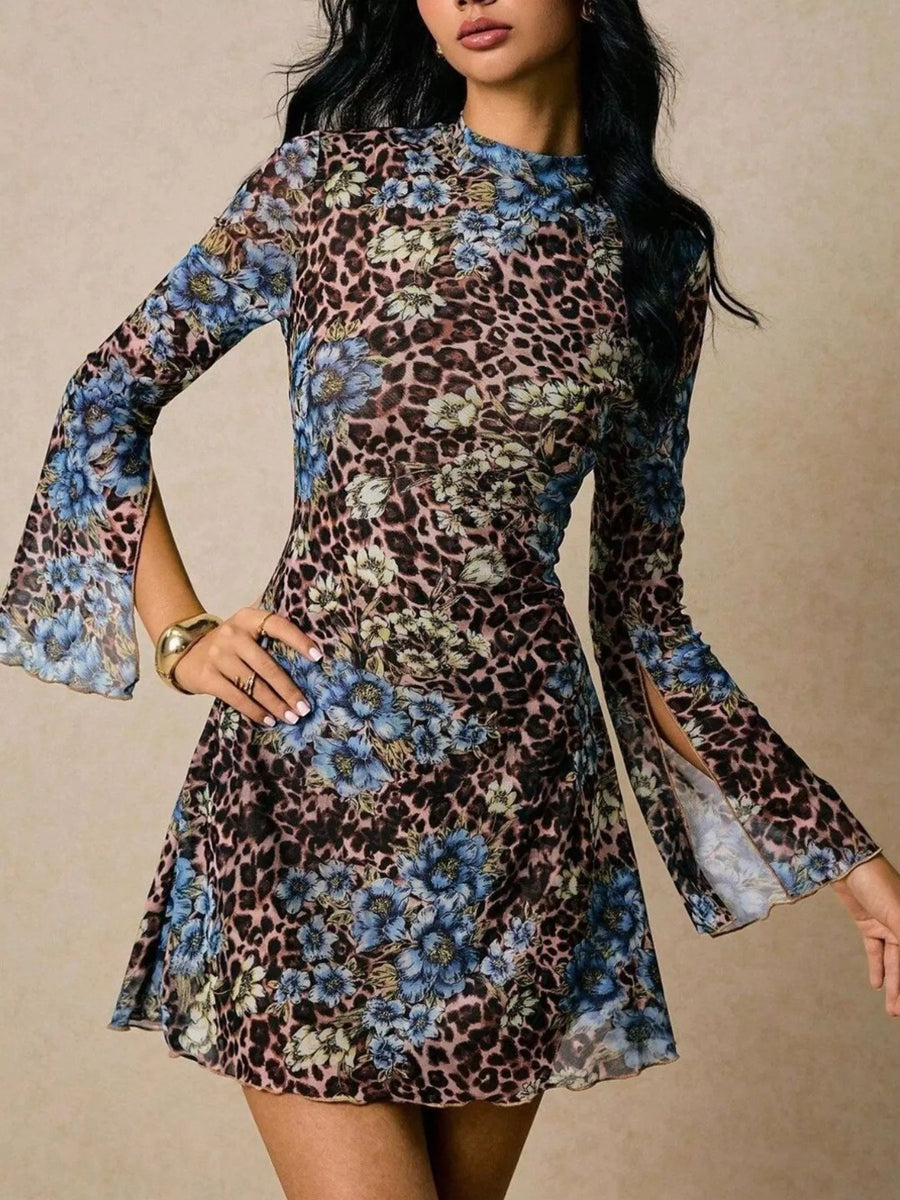 Dress with floral and leopard print pattern on a beige background