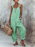 Front view of green Full Size Striped Square Neck Wide Leg Jumpsuit Plus Size