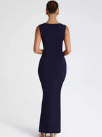 Navy blue sleeveless dress on a white background