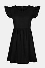 Black dress with ruffled sleeves on a white background