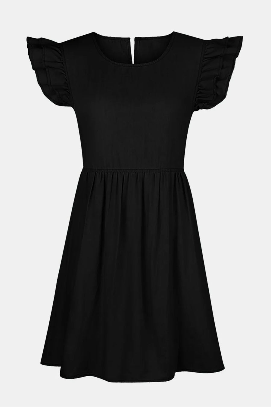 Black dress with ruffled sleeves on a white background