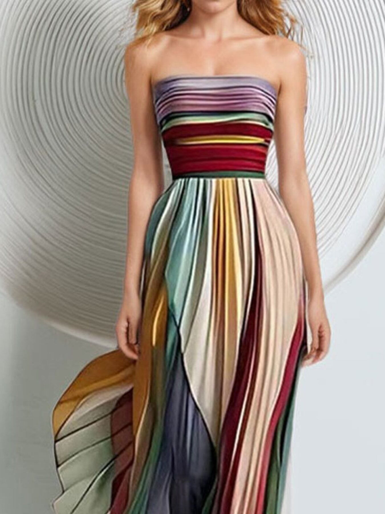 Multicolored strapless dress with a white background