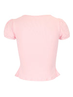 Pink crop top with short sleeves on a white background