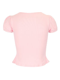 Pink crop top with short sleeves on a white background