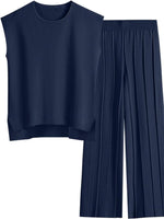 Navy blue sleeveless top and wide-leg pants set on a white background