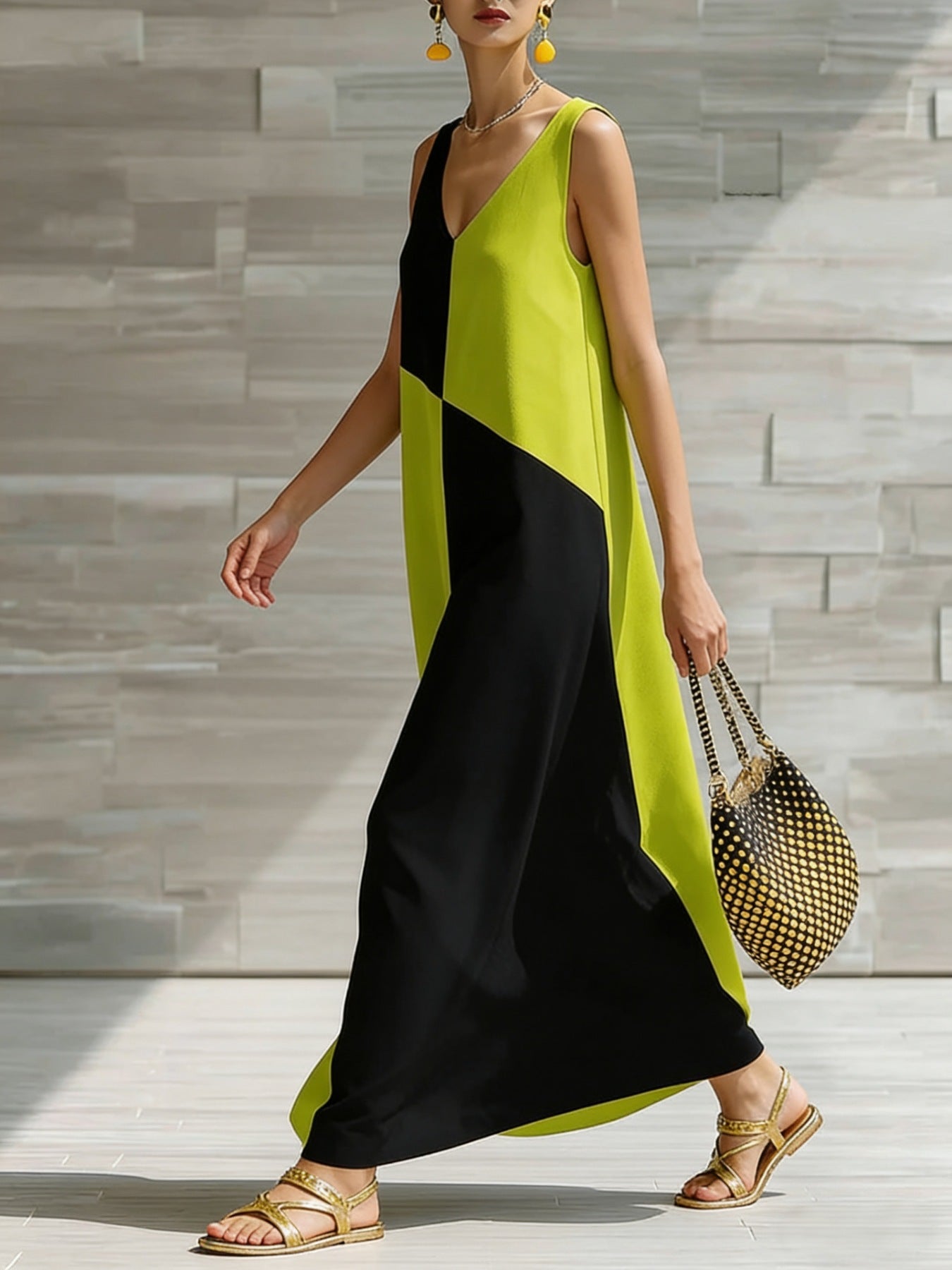Woman wearing a black and green dress with a textured wall background
