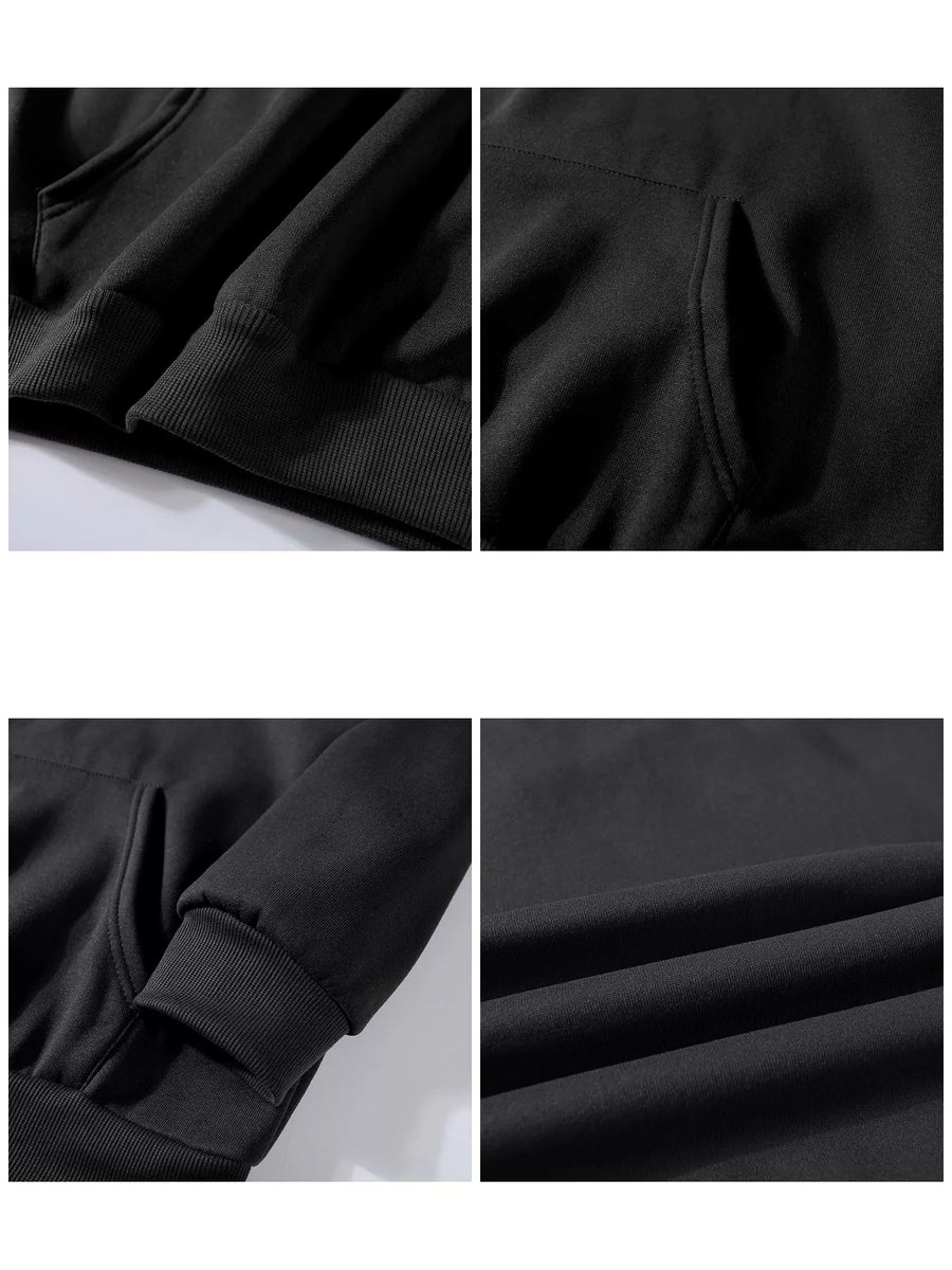 Four-panel close-up collage of a black garment, showing fabric texture, ribbed cuffs, a pocket opening, and folded material details.