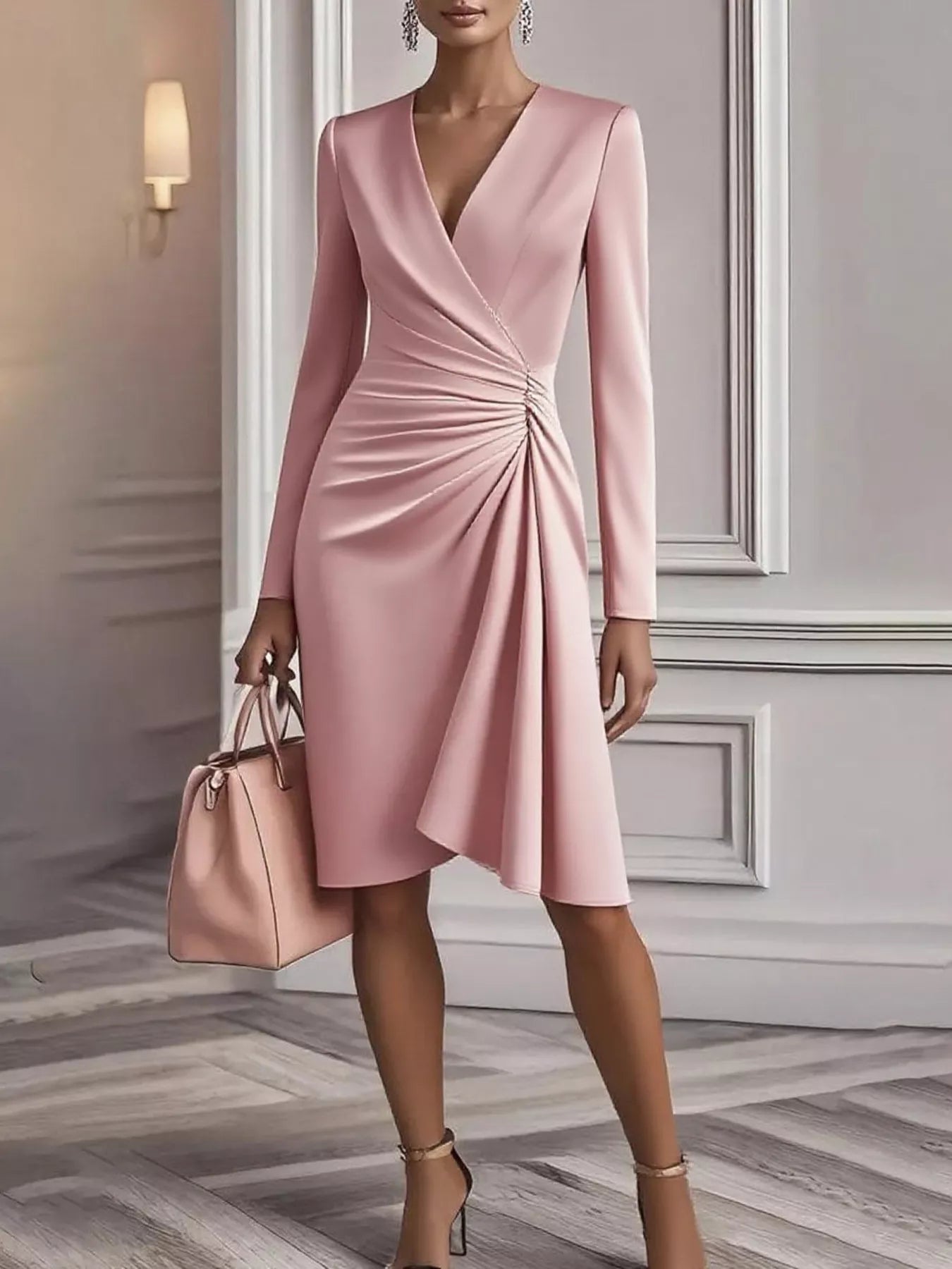 Woman wearing a pink dress with long sleeves in an elegant interior setting.